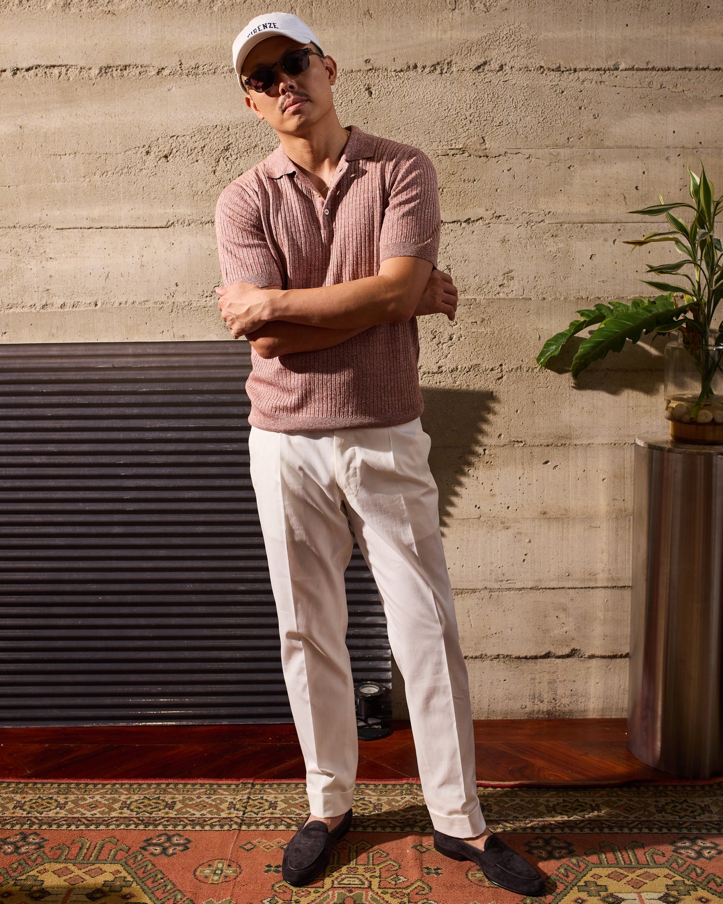 Knitted ribbed linen and cotton polo - Melange red