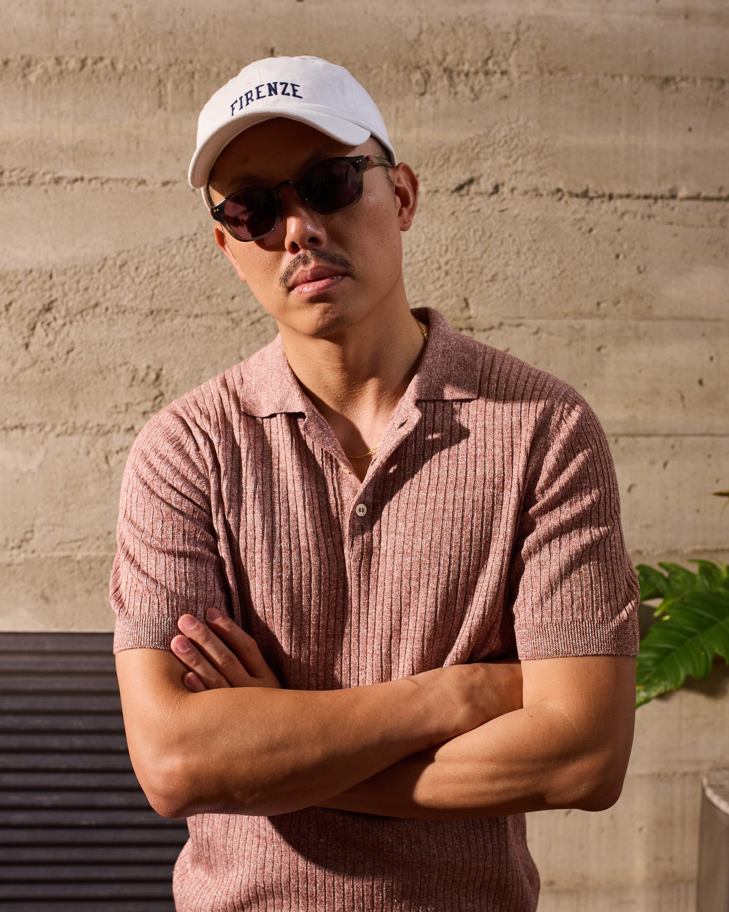 Knitted ribbed linen and cotton polo - Melange red