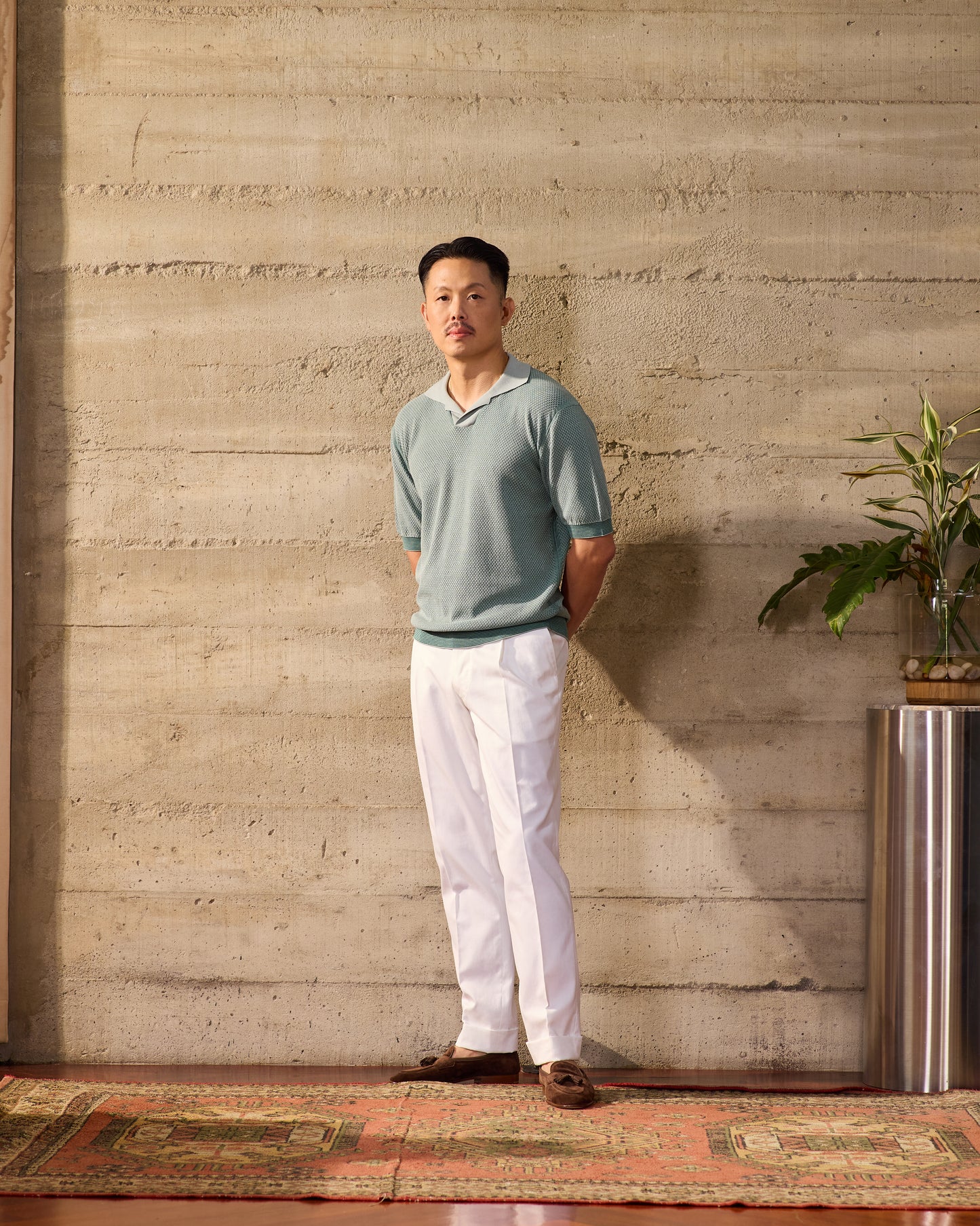 Knitted sailor polo two tone - Grey and light green - silk and cotton