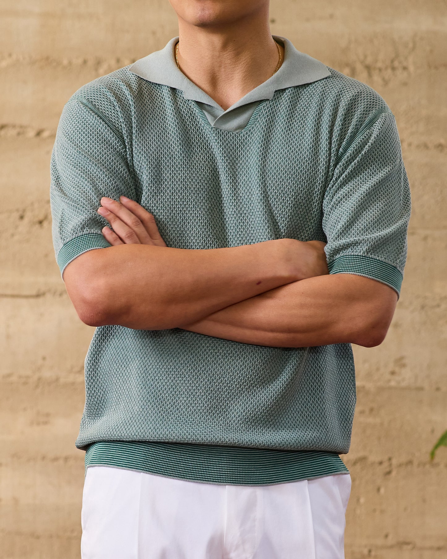 Knitted sailor polo two tone - Grey and light green - silk and cotton