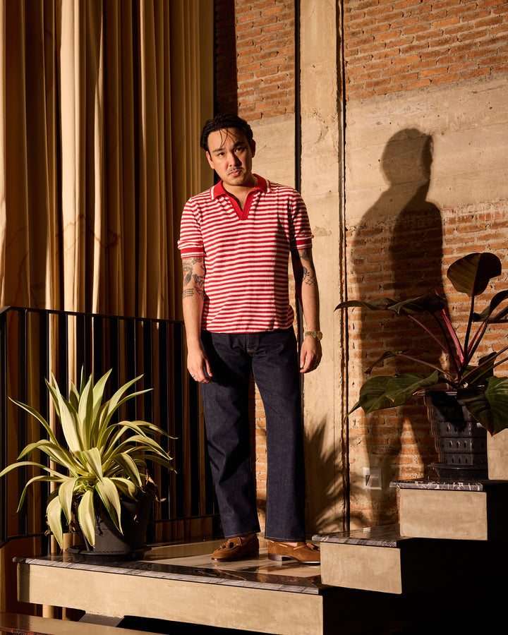 Terry cloth narrow stripe polo - Red and white