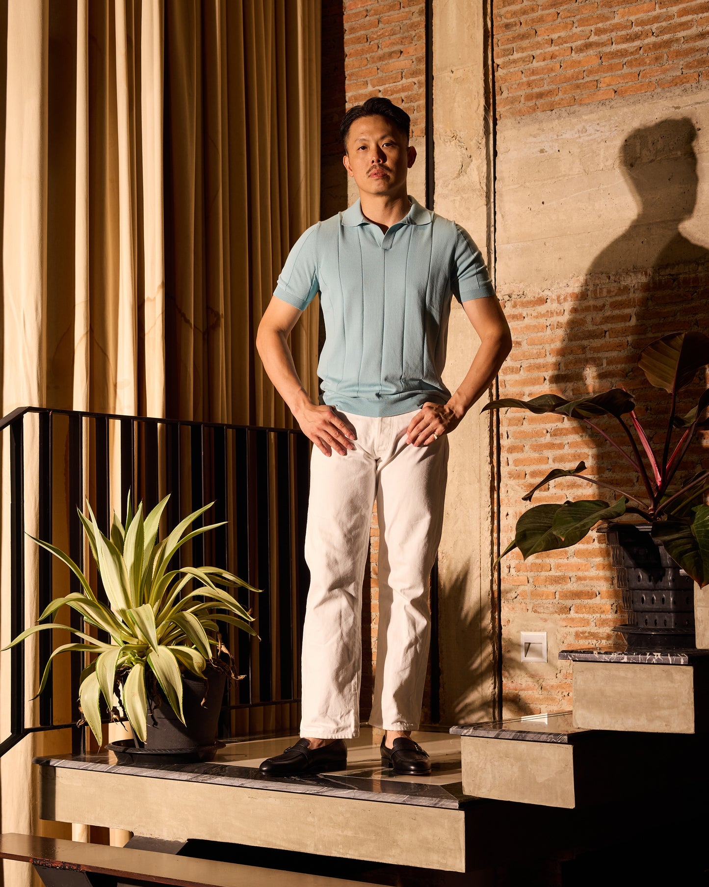Knitted wide ribbed cotton polo - Ice blue