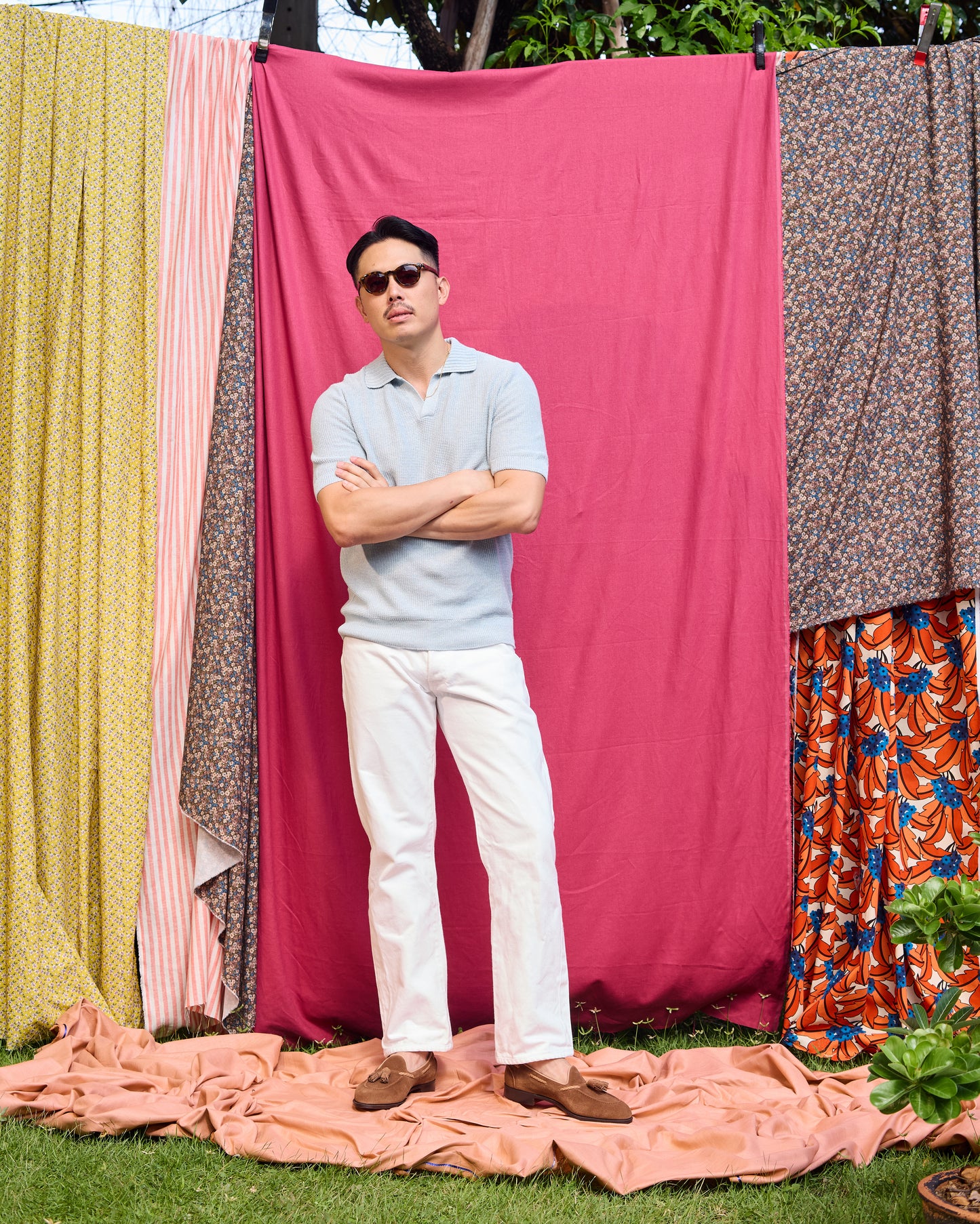 Knitted rice stitch linen and cotton skipper polo - Ice blue