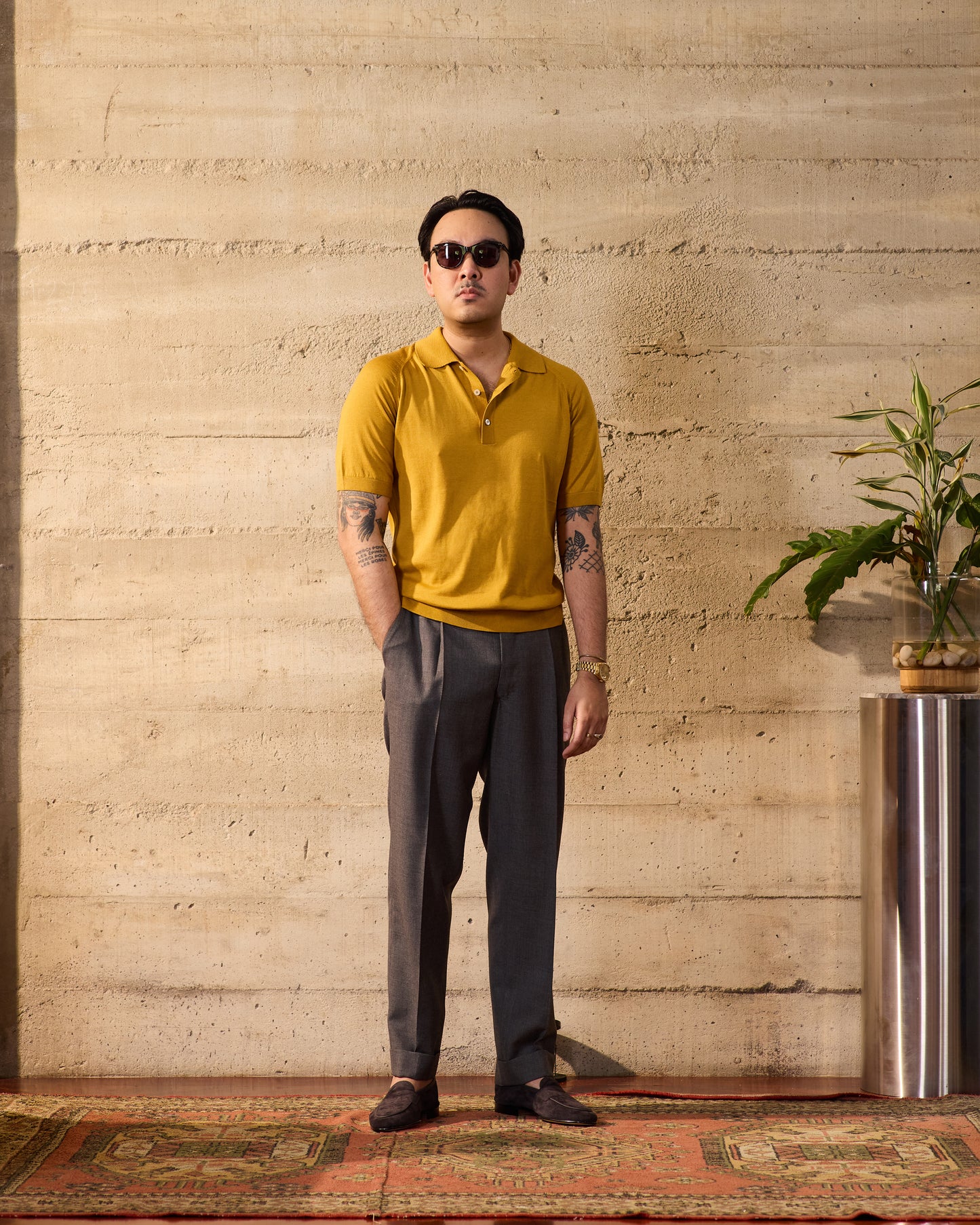 Knitted raglan sleeve polo - Amber - silk and cotton