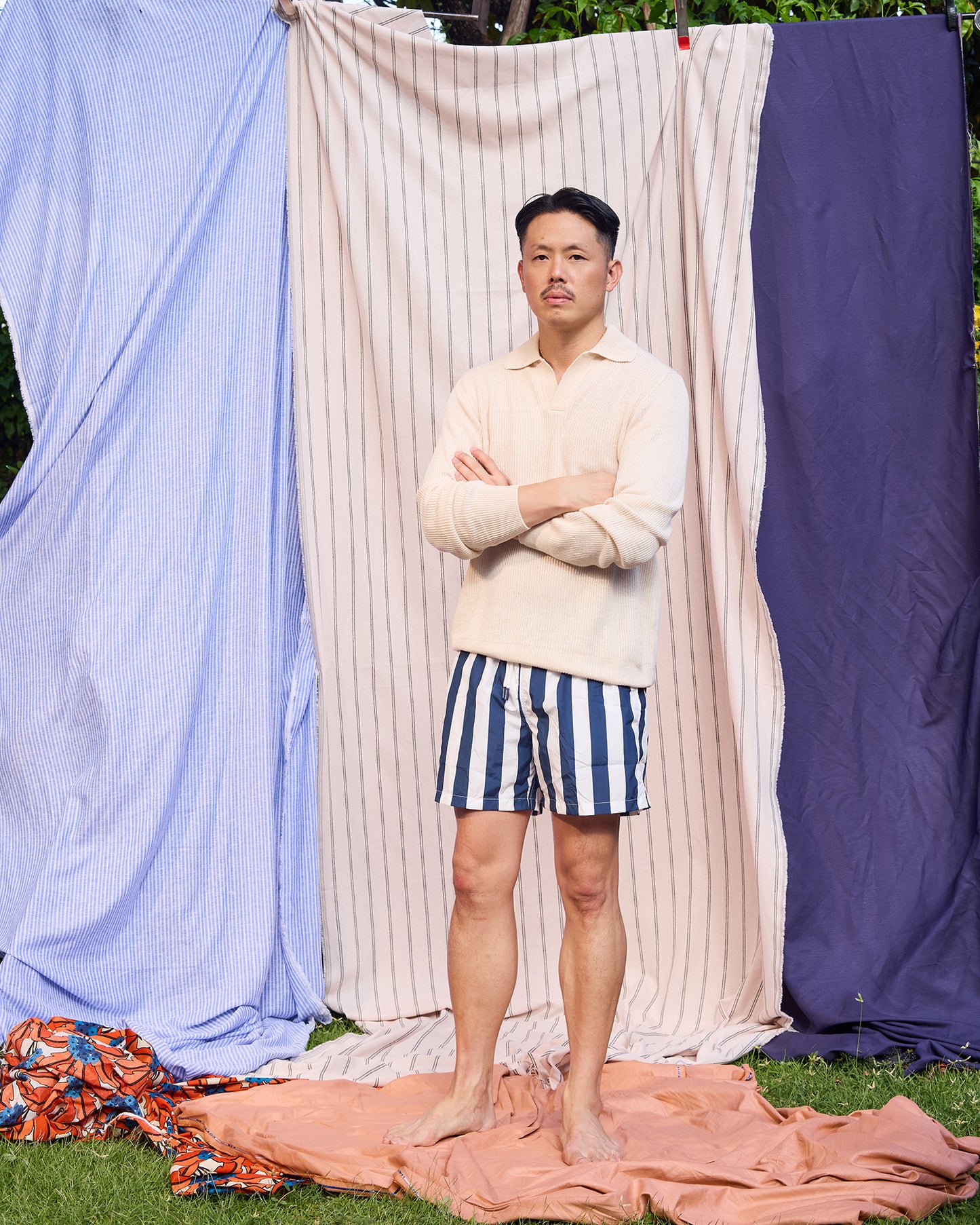 Printed large stripe swim shorts - Navy blue and white
