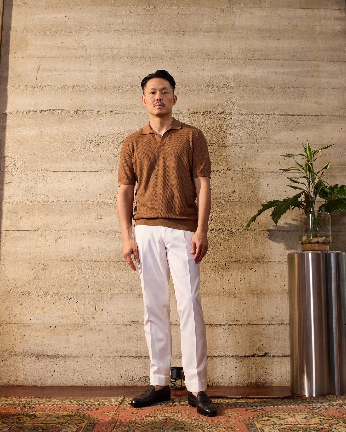 Knitted zigzag silk and cotton polo - Brown