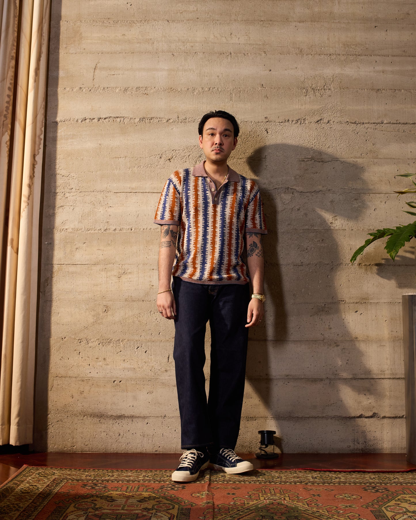 Knitted polo Wave - Orange and blue - silk and linen