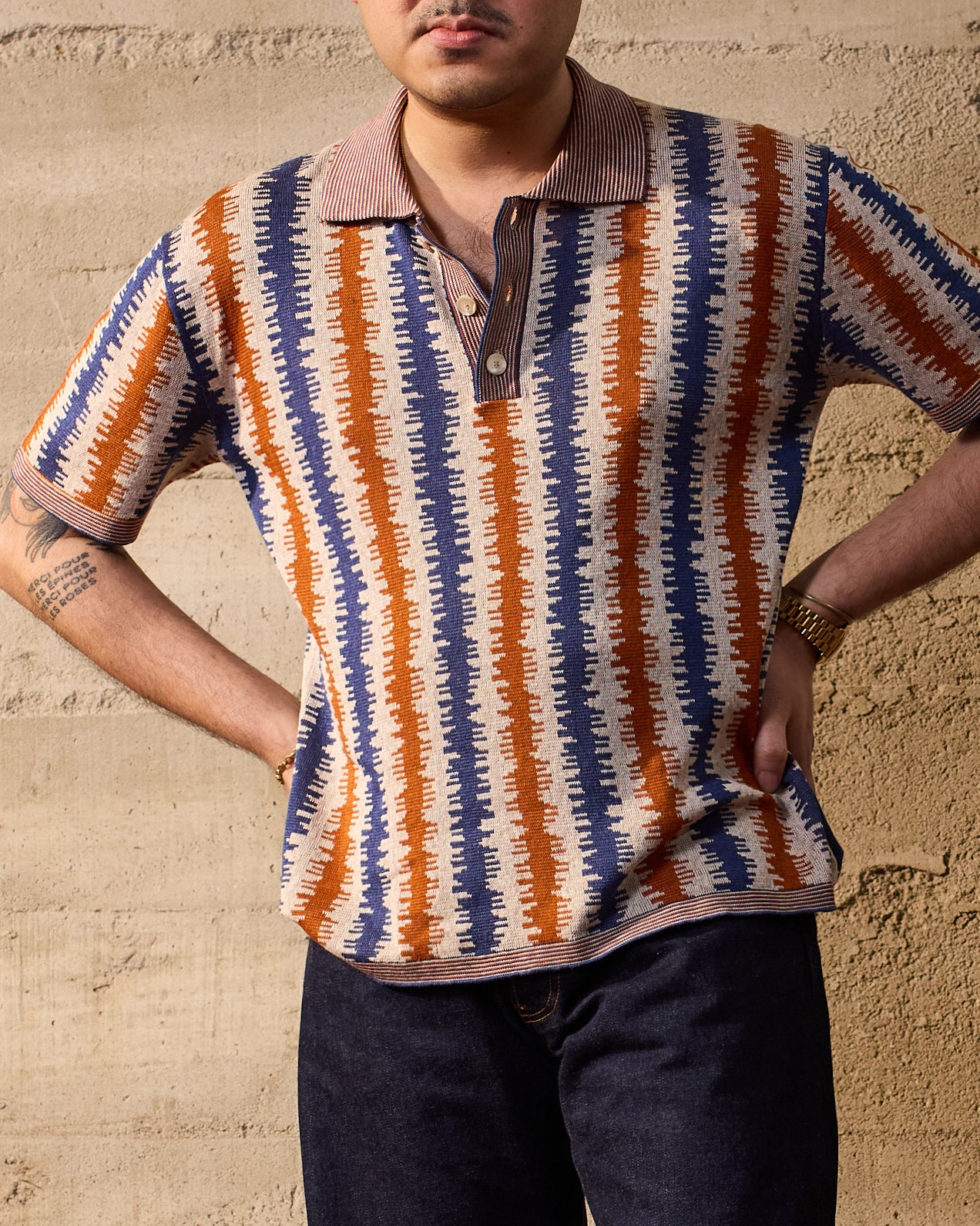 Knitted polo Wave - Orange and blue - silk and linen