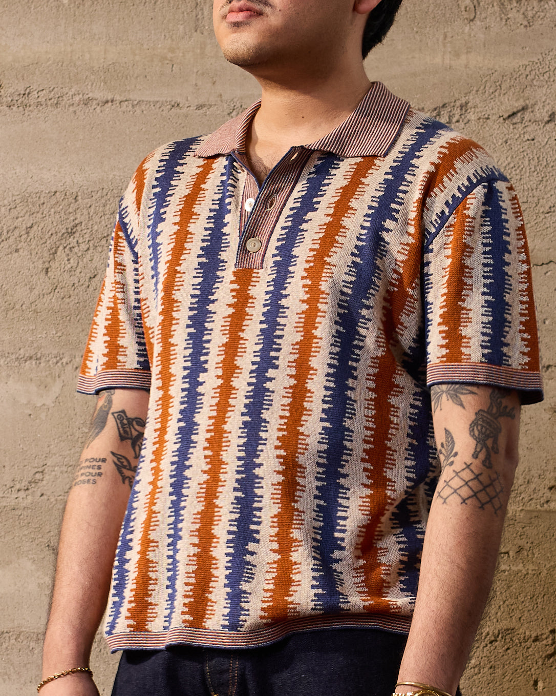 Knitted polo Wave - Orange and blue - silk and linen