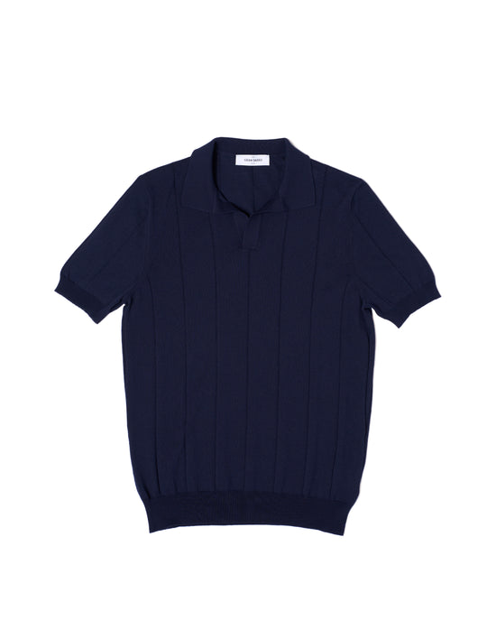 Knitted wide ribbed cotton polo - Navy blue