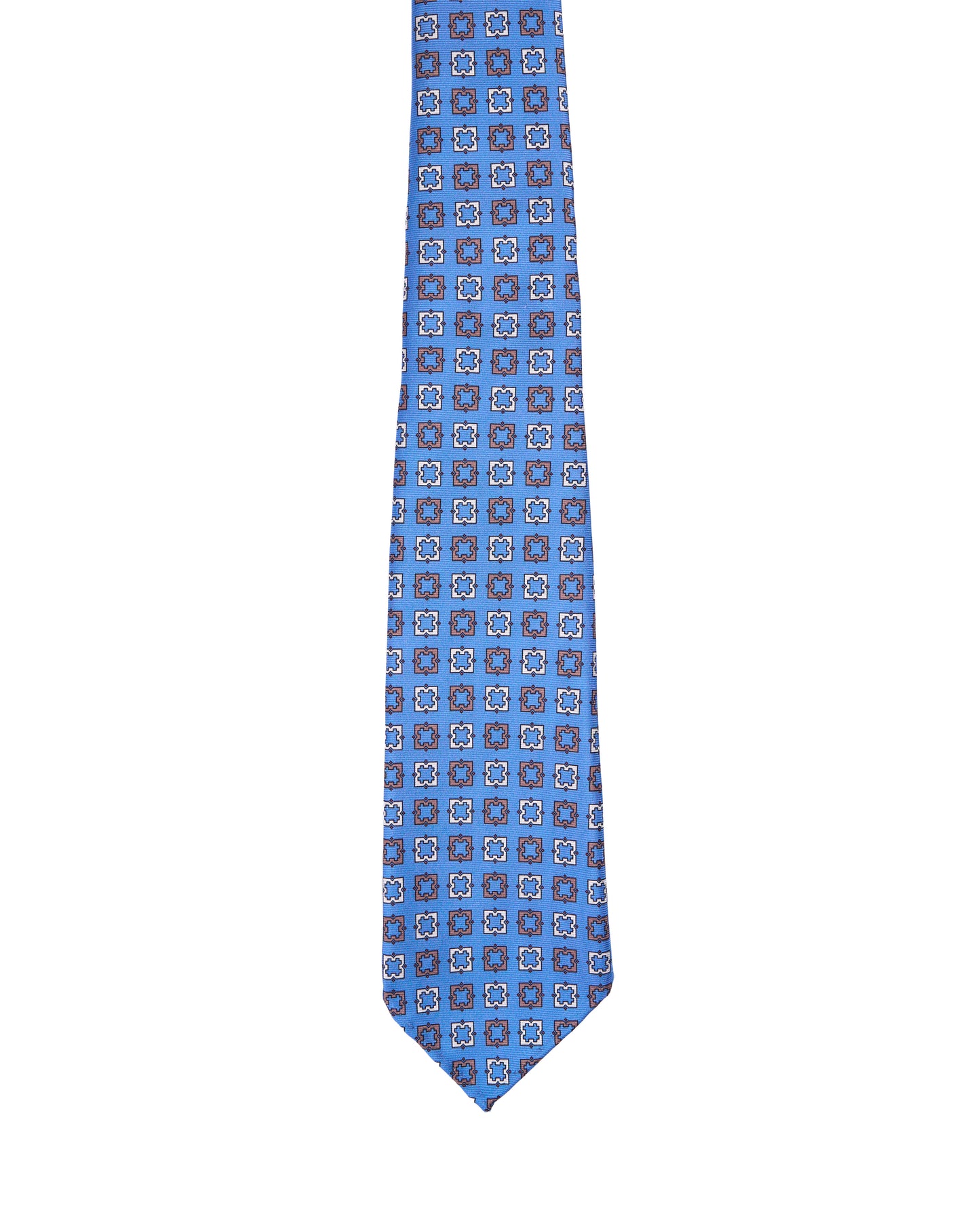 Printed tie - 7 Fold - Medium blue with orange and white square motif