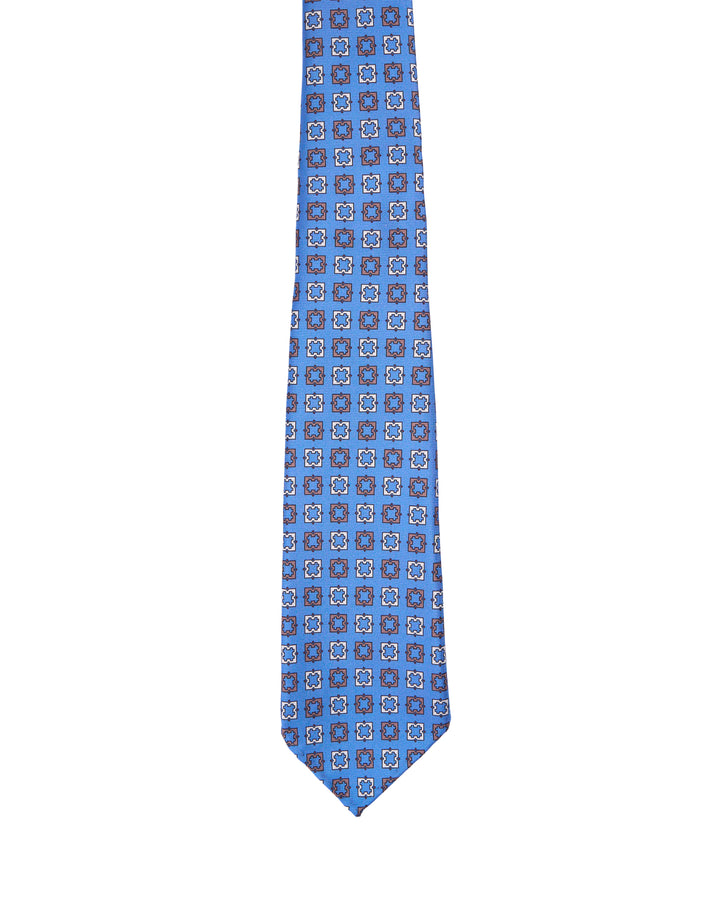 Printed tie - 7 Fold - Medium blue with orange and white square motif