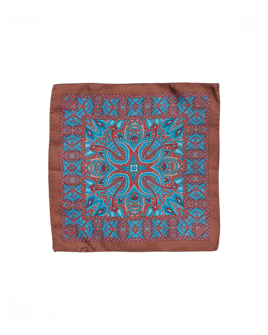 Pocket square - Brown with blue pattern  - silk