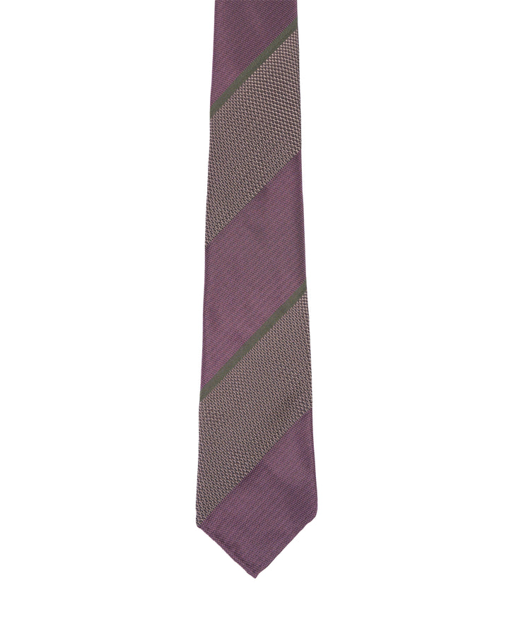 Jacquard tie - 7 Fold - Pink and beige with green stripe