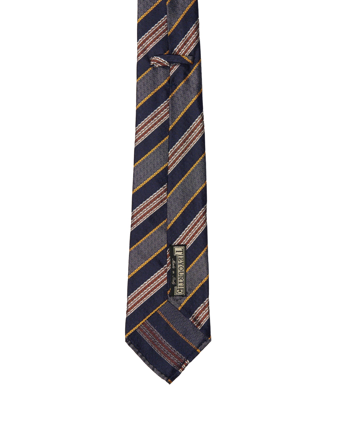 Jacquard tie - 7 Fold - Navy blue, grey and brown stripe