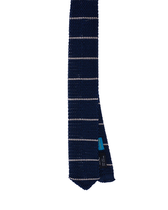 Knitted tie - Navy blue with white stripe