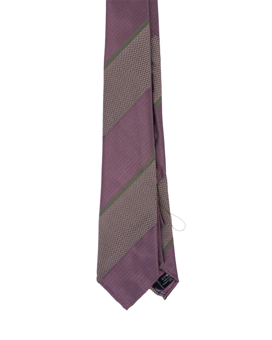 Jacquard tie - 7 Fold - Pink and beige with green stripe