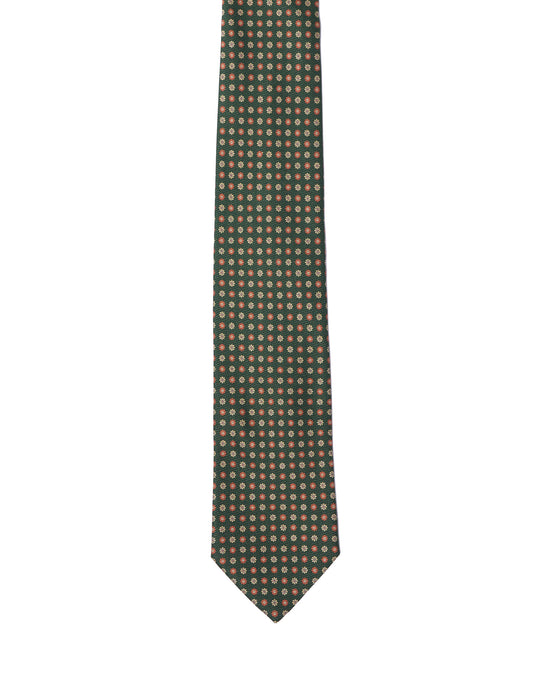 Printed tie - 3 Fold- Green with orange and white flower