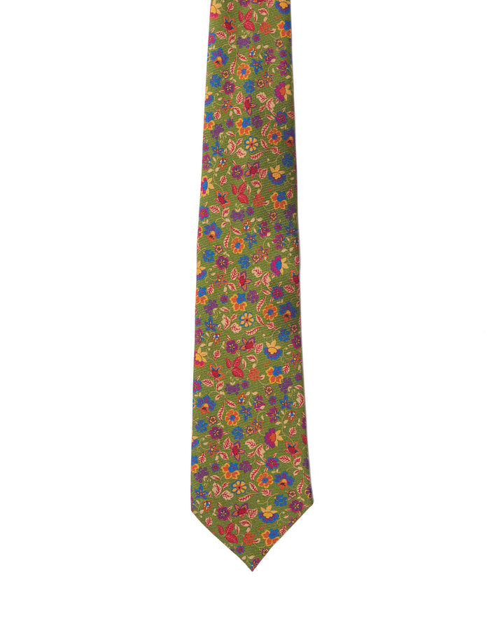 Printed Tie - 3 Fold - Light green with floral motif