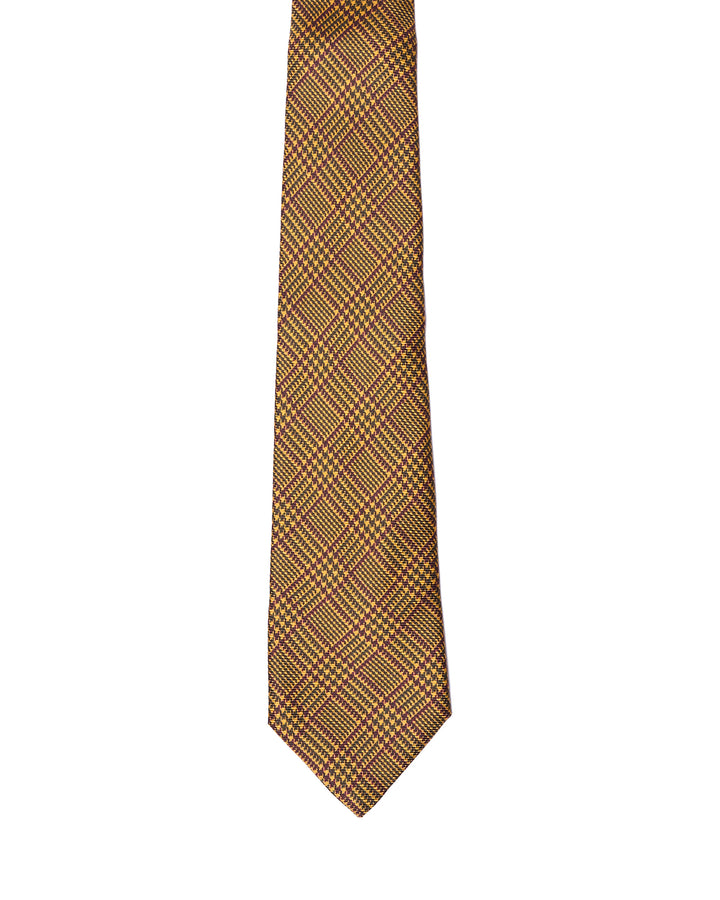 Printed Tie - 3 Fold - Yellow with burgundy glen plaid