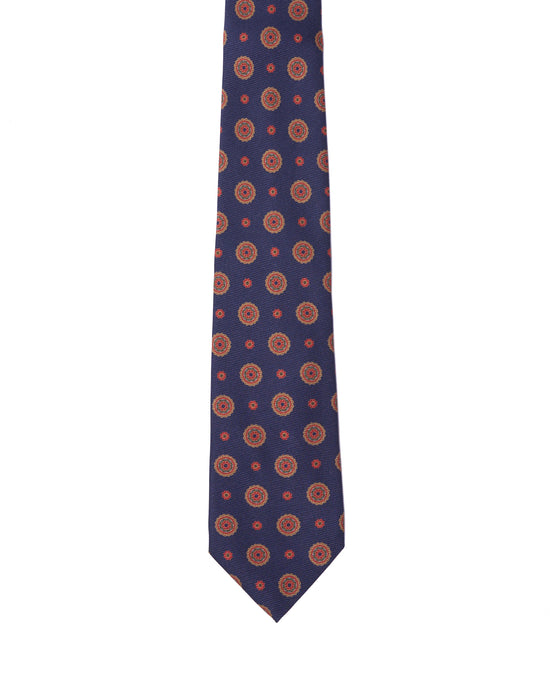 Printed Tie - 3 Fold - Navy blue with yellow medallion motif