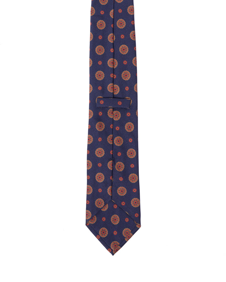 Printed Tie - 3 Fold - Navy blue with yellow medallion motif