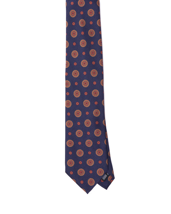 Printed Tie - 3 Fold - Navy blue with yellow medallion motif