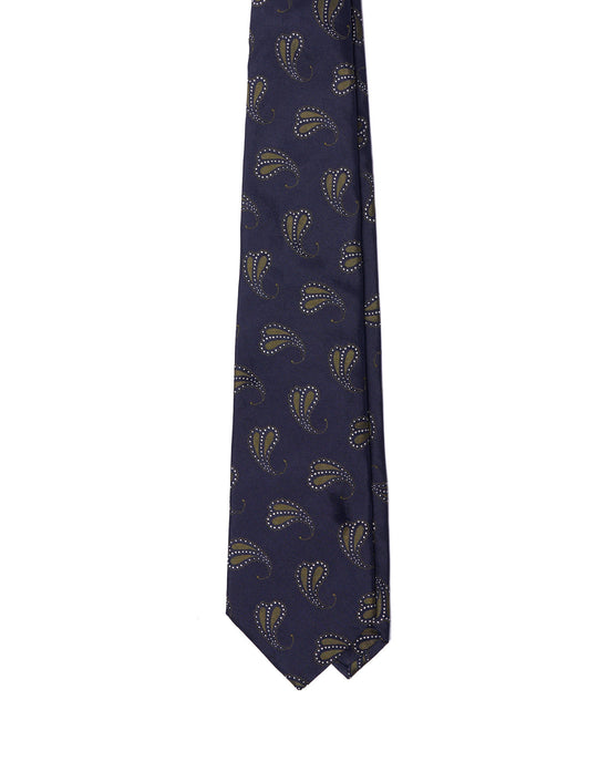 Jacquard tie - 3 Fold - Navy blue with olive motif