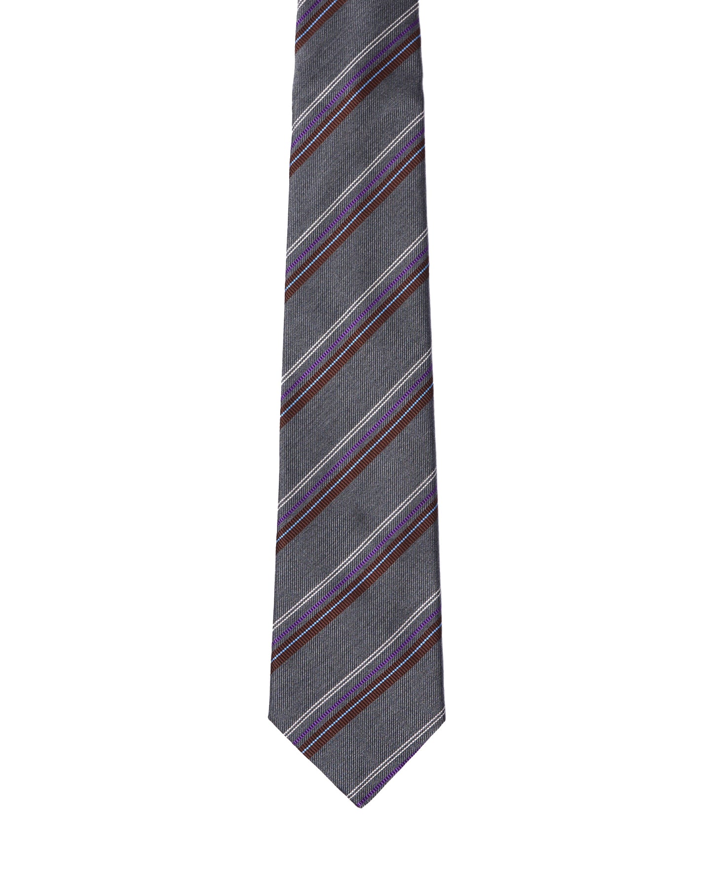 Jacquard tie - 3 Fold - Grey with brown, purple and white stripe