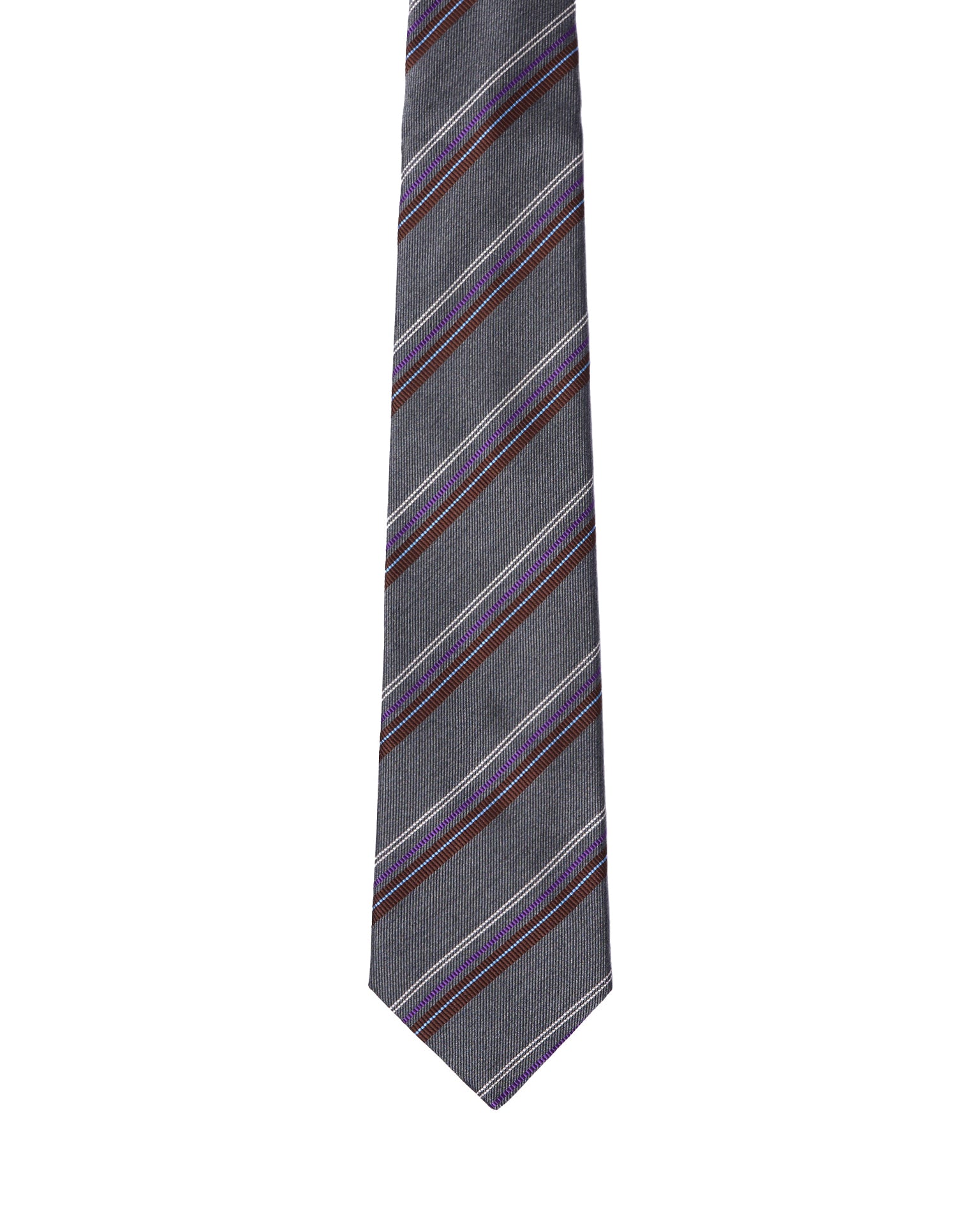 Jacquard tie - 3 Fold - Grey with brown, purple and white stripe