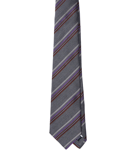 Jacquard tie - 3 Fold - Grey with brown, purple and white stripe