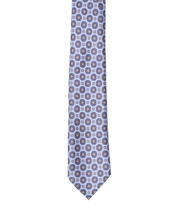 Printed tie - 7 Fold - Navy medallion with sky blue