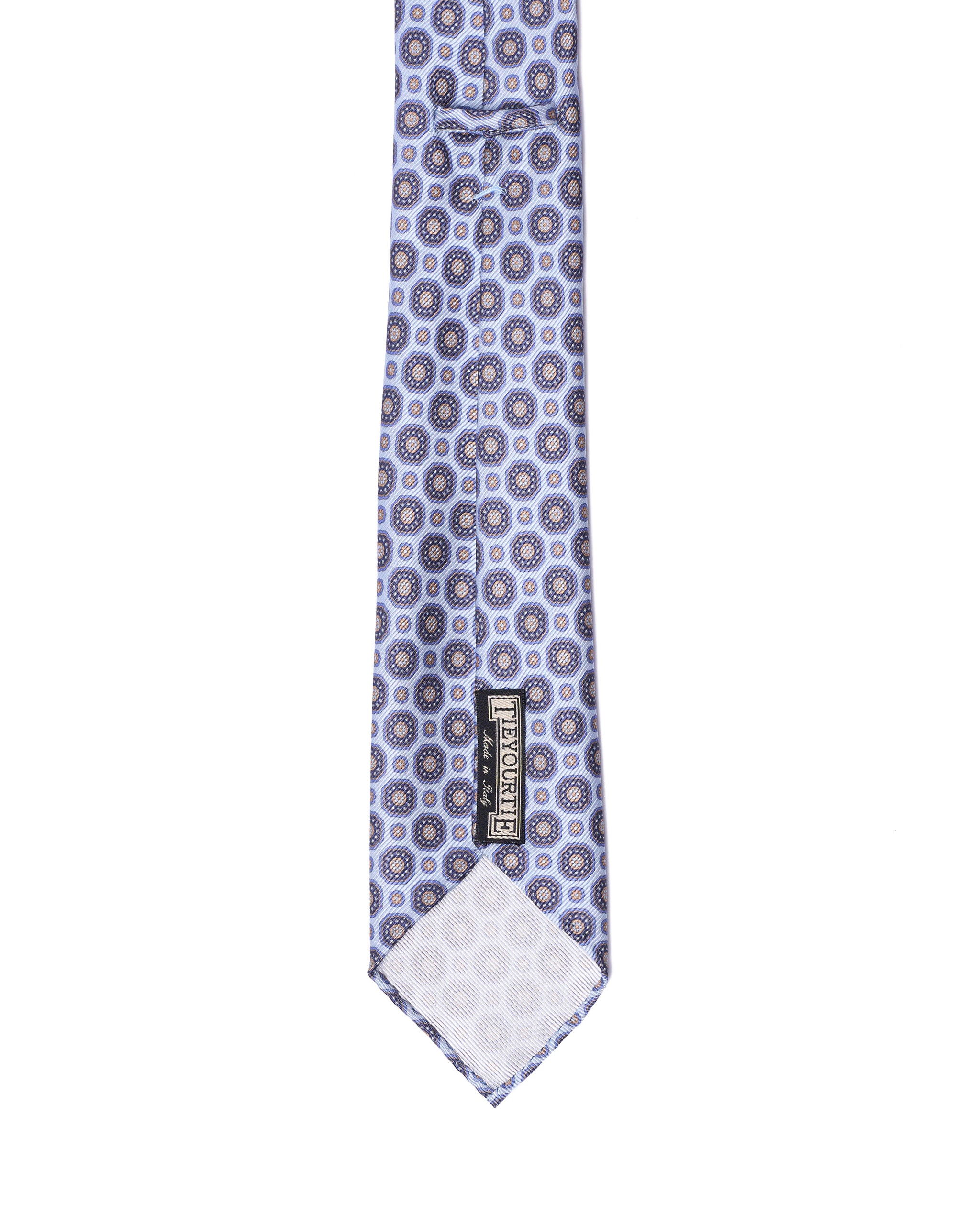 Printed tie - 7 Fold - Navy medallion with sky blue