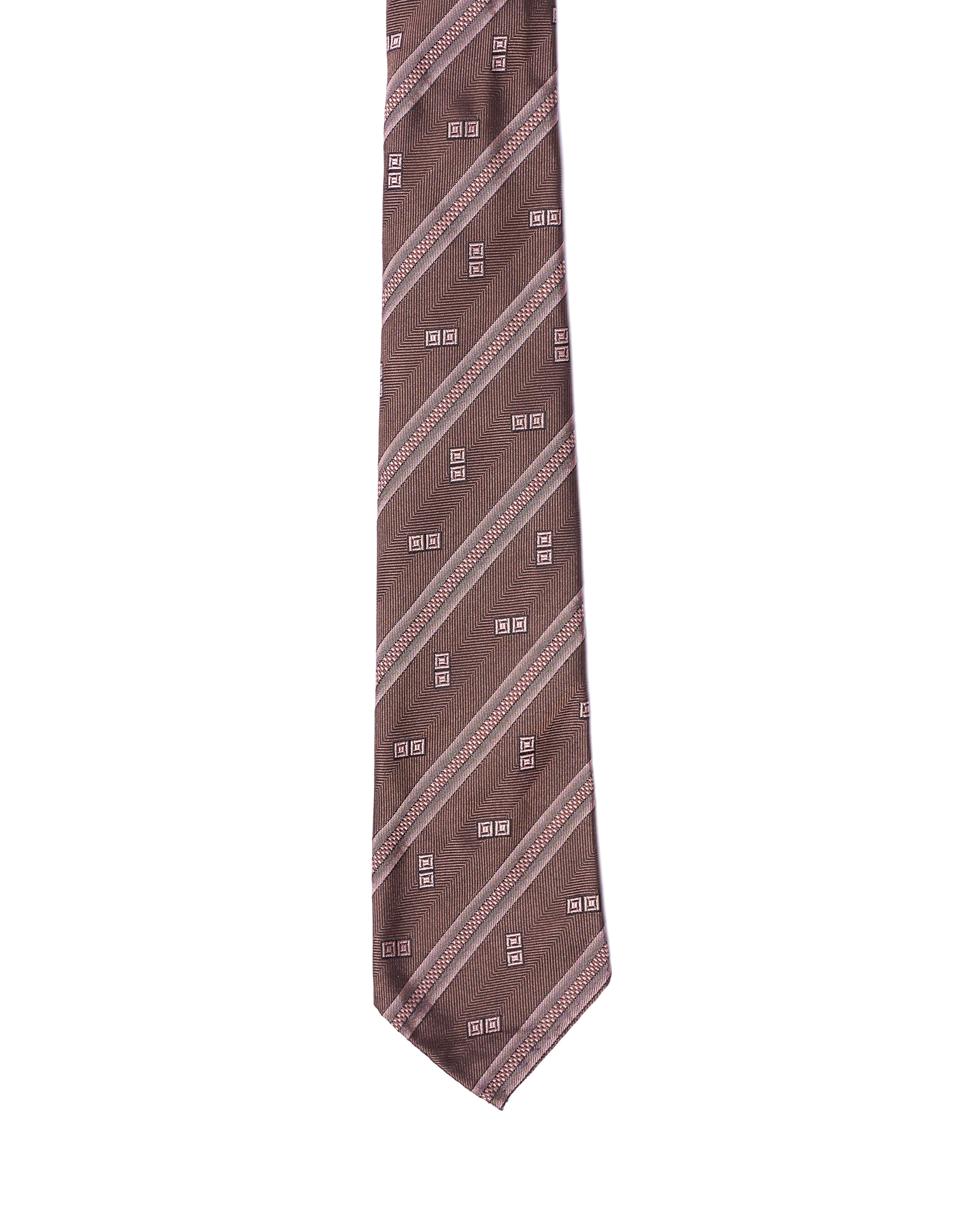 Jacquard tie - 7 Fold - Light pink stripe with grey herringbone