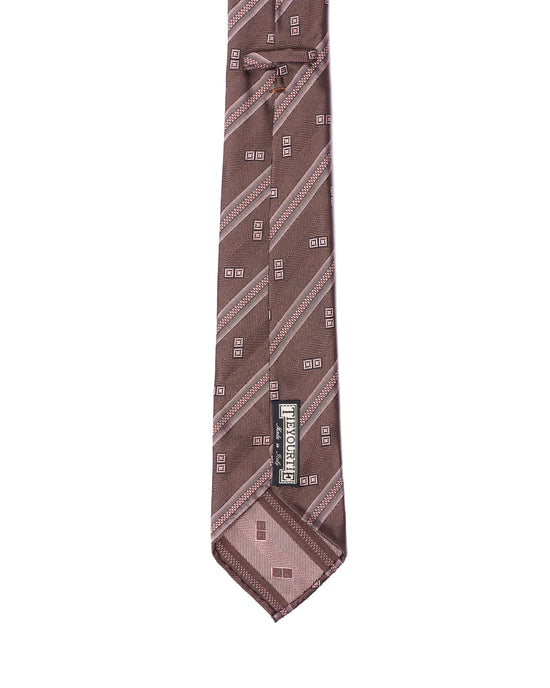 Jacquard tie - 7 Fold - Light pink stripe with grey herringbone