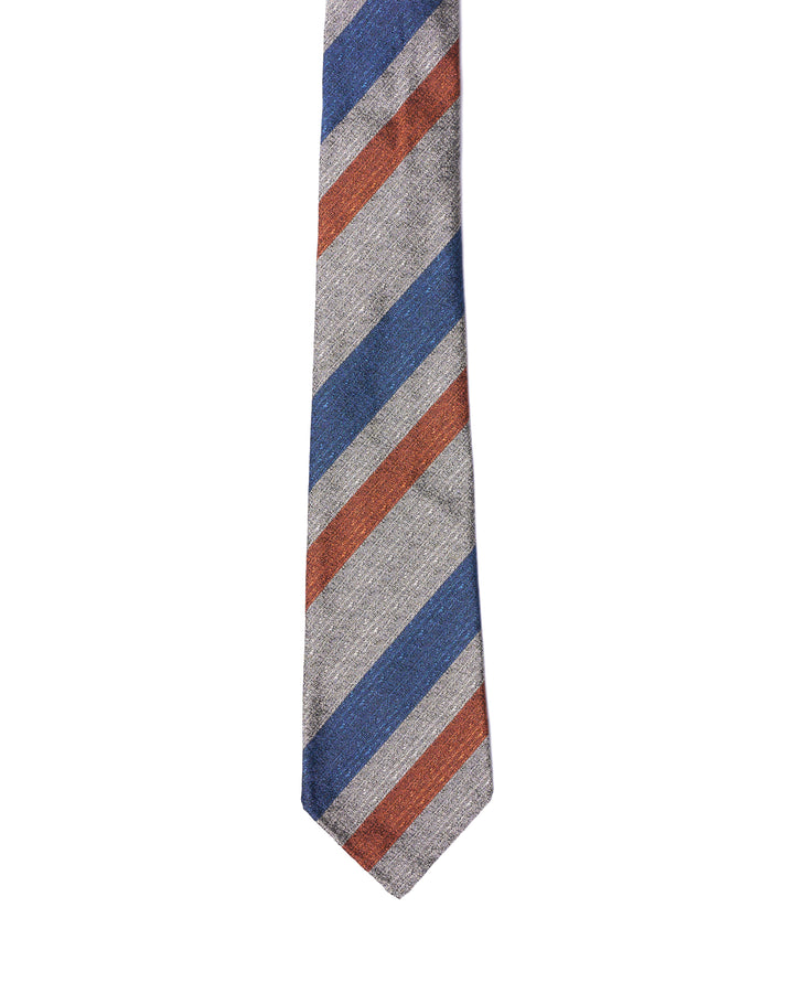 Jacquard tie - 7 Fold - Navy, orange regimental stripe with silver