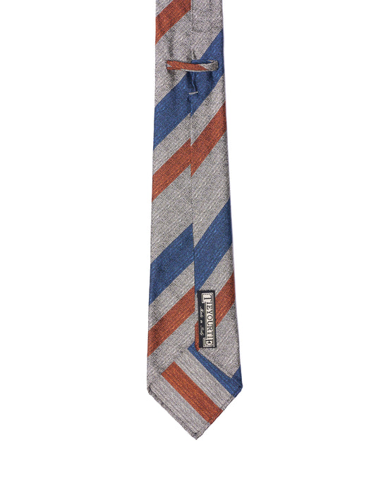 Jacquard tie - 7 Fold - Navy, orange regimental stripe with silver