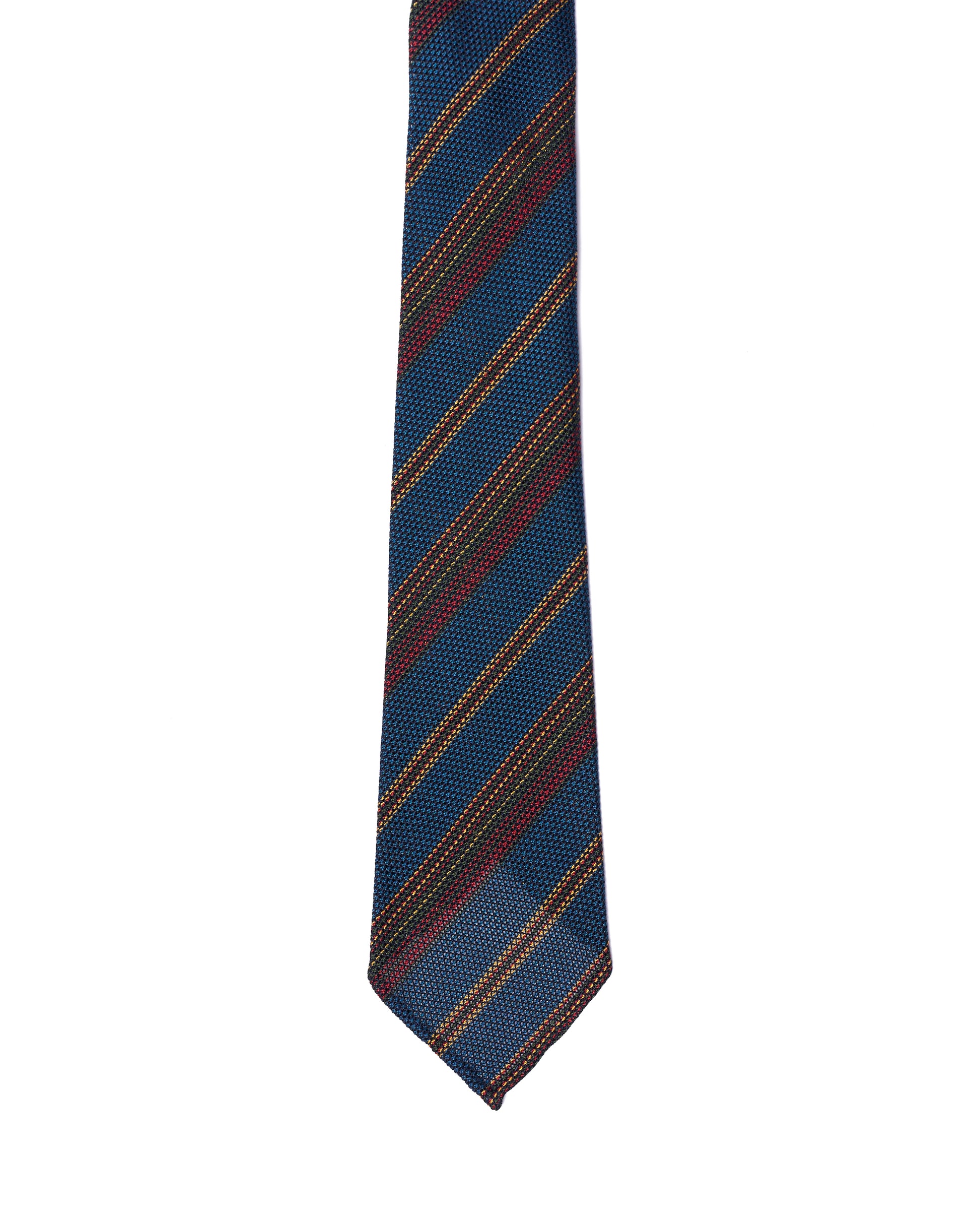 Grenadine tie - 7 Fold - Red, green and yellow stripe with blue