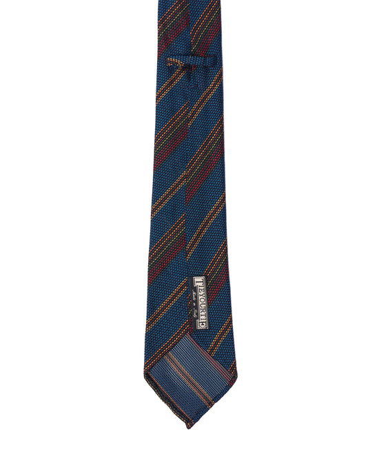 Grenadine tie - 7 Fold - Red, green and yellow stripe with blue