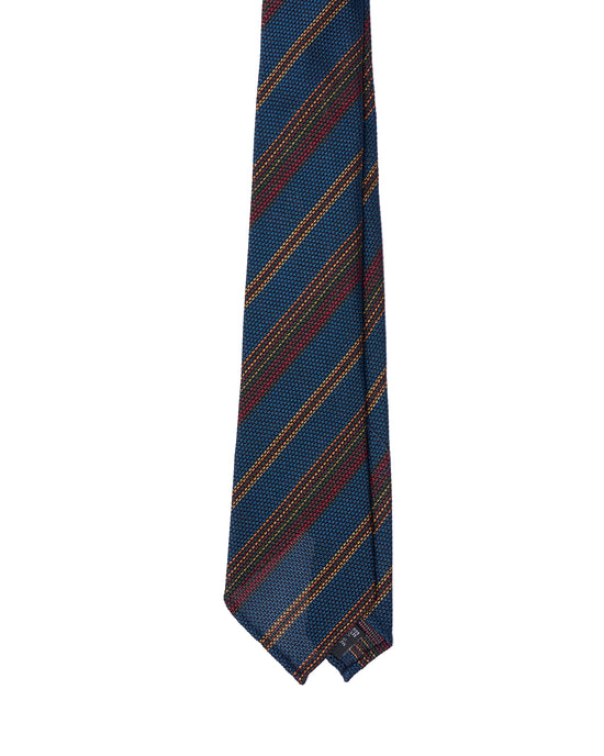 Grenadine tie - 7 Fold - Red, green and yellow stripe with blue