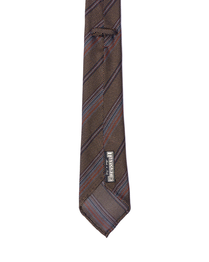 Grenadine tie - 7 Fold - Orange, sky blue and black stripe with grey