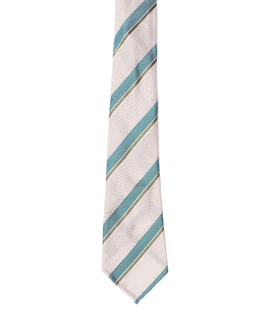 Grenadine tie - 7 Fold - Blue herringbone and olive stripe with offwhite