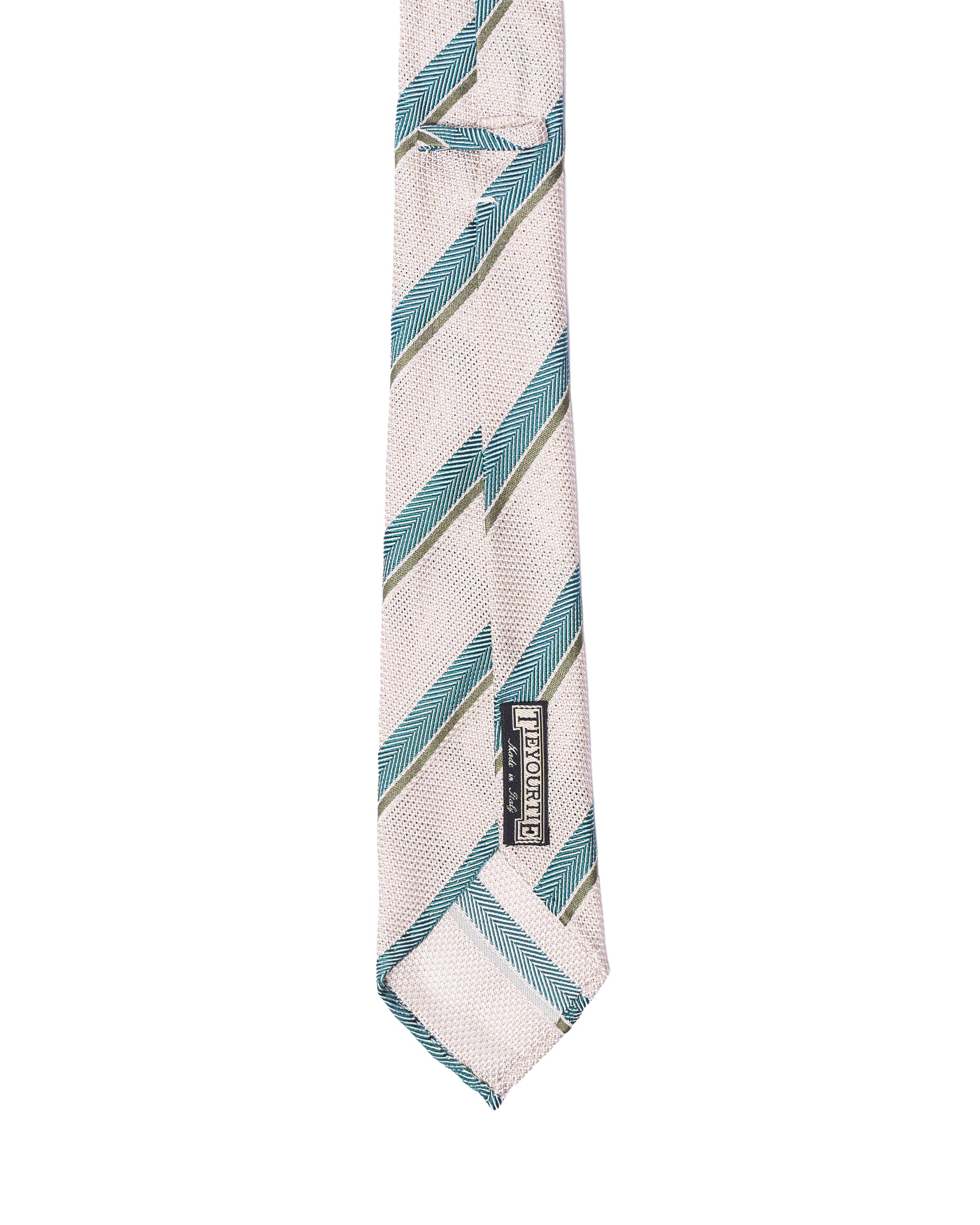 Grenadine tie - 7 Fold - Blue herringbone and olive stripe with offwhite