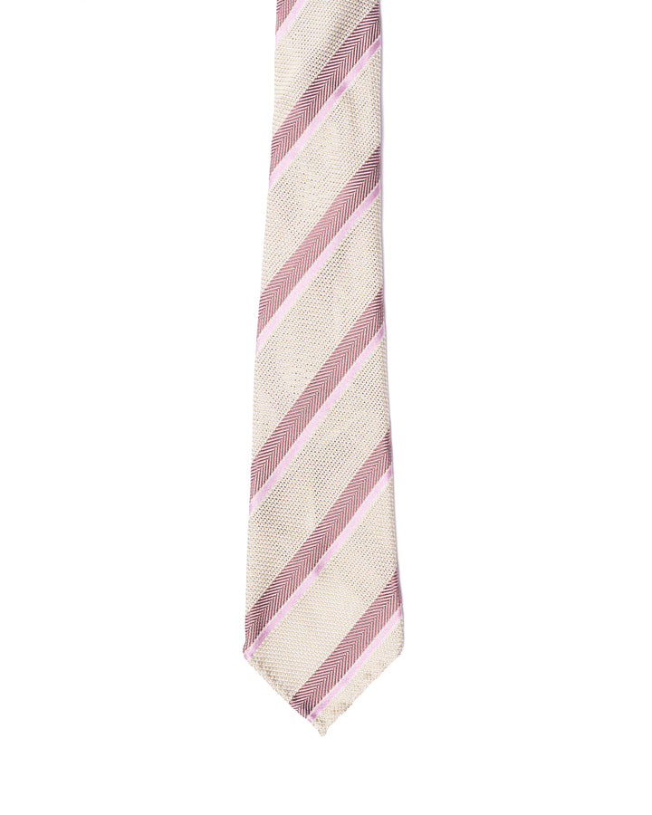 Grenadine tie - 7 Fold - Red herringbone and pink stripe with offwhite