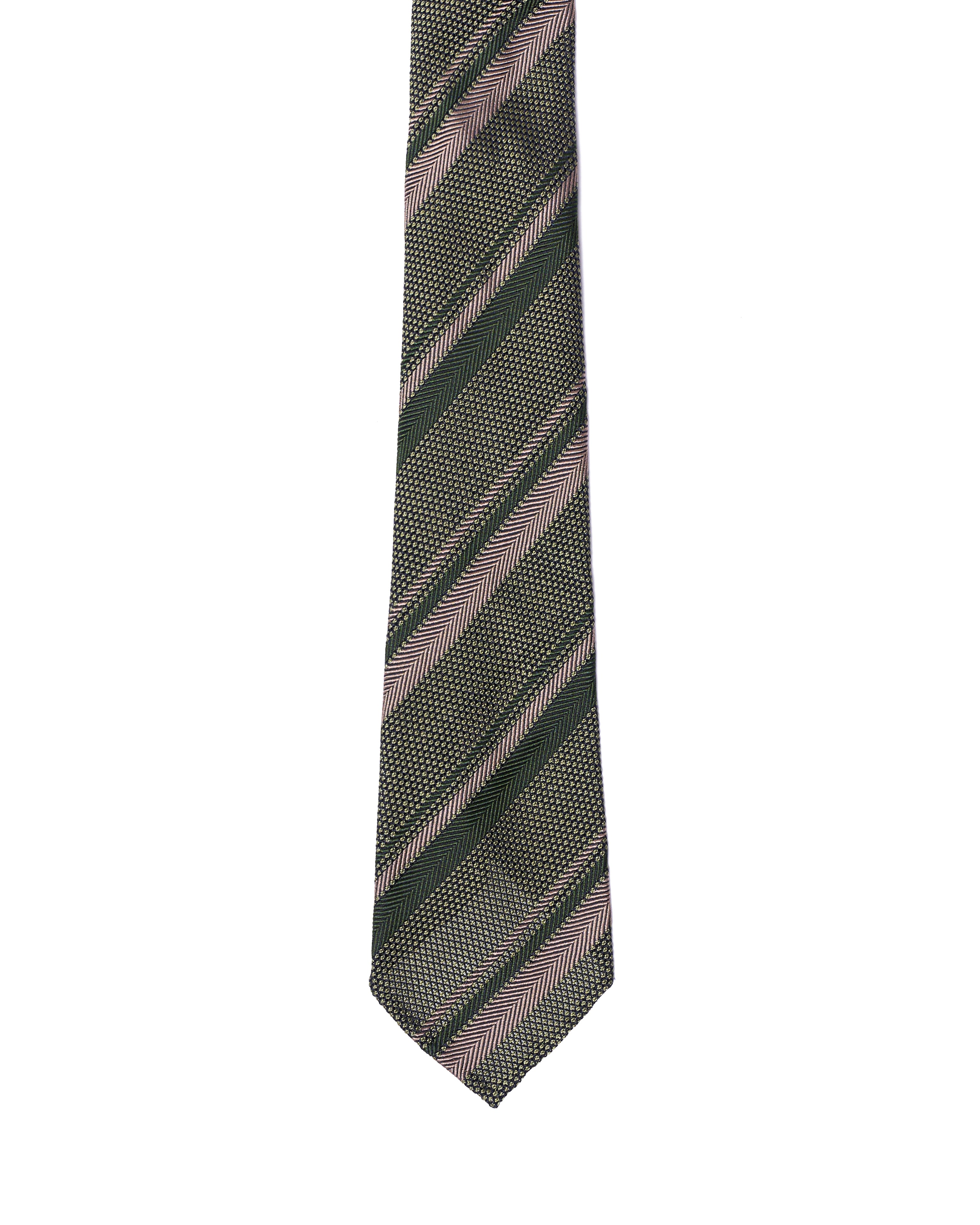 Grenadine tie - 7 Fold - Taupe herringbone and green stripe with green