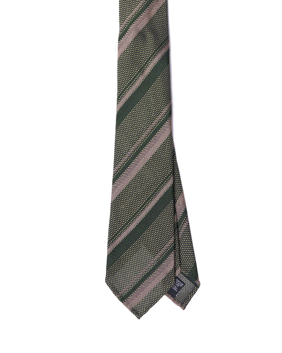 Grenadine tie - 7 Fold - Taupe herringbone and green stripe with green