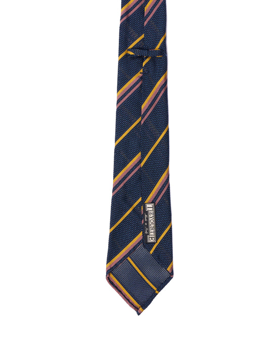 Grenadine tie - 7 Fold - Yellow and pink stripe with navy blue