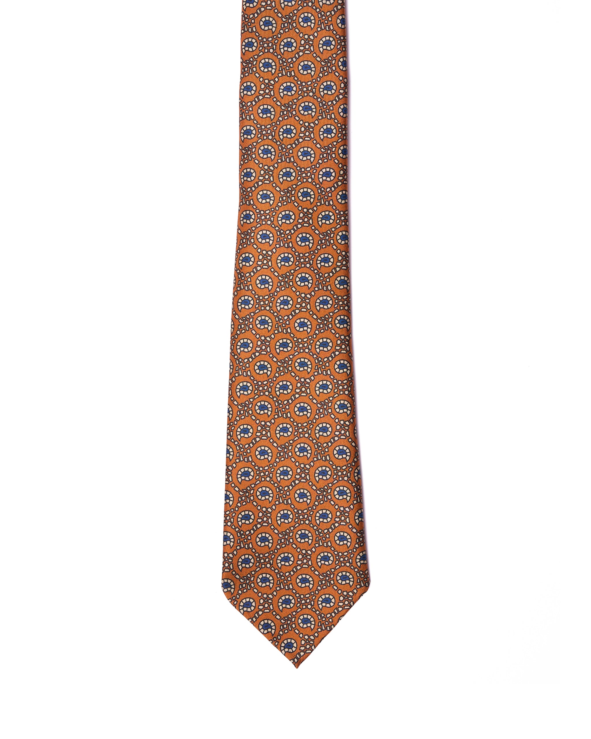 Printed tie - 7 Fold - Orange with navy and white motif