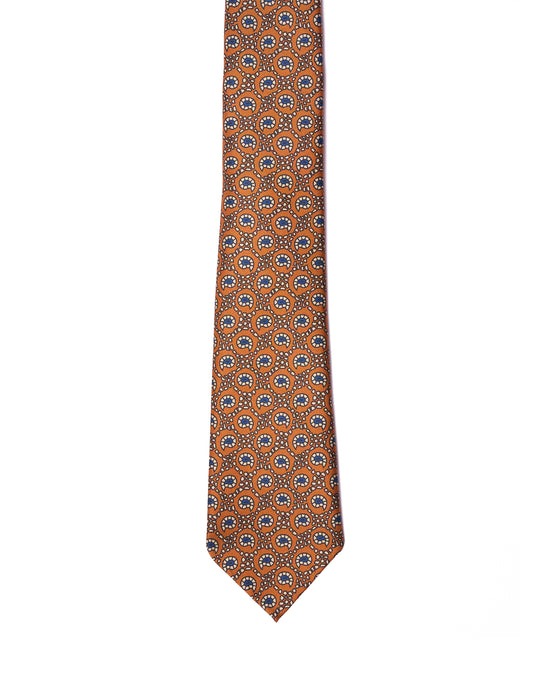 Printed tie - 7 Fold - Orange with navy and white motif