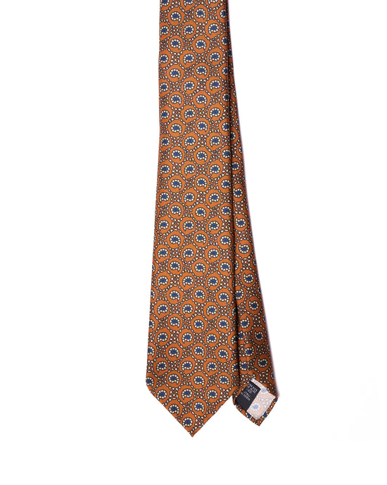 Printed tie - 7 Fold - Orange with navy and white motif